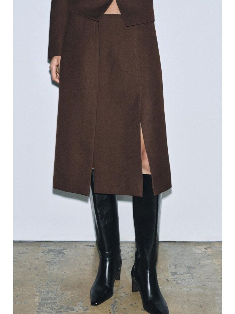 Zara ZW Womens Pleated Midi Skirt Large Brown Slits Mid Rise 9700/062 NWT